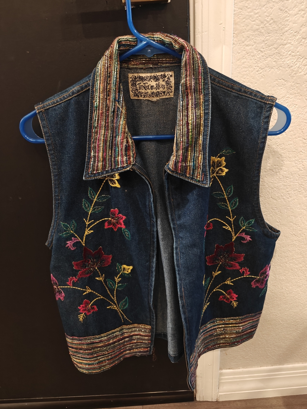 Tantrum Blues Vintage Embroidered Denim Vest - Blue with Multicolor Floral
